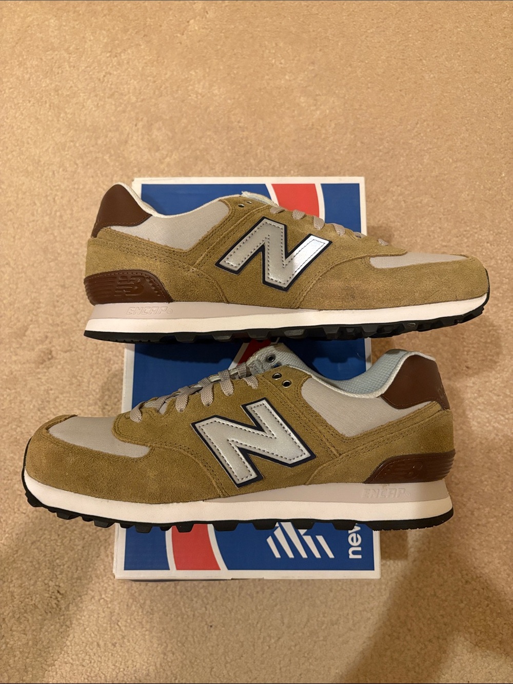 New Balance 574 Suede & Mesh Sneakers in Mustard Yellow and Brown